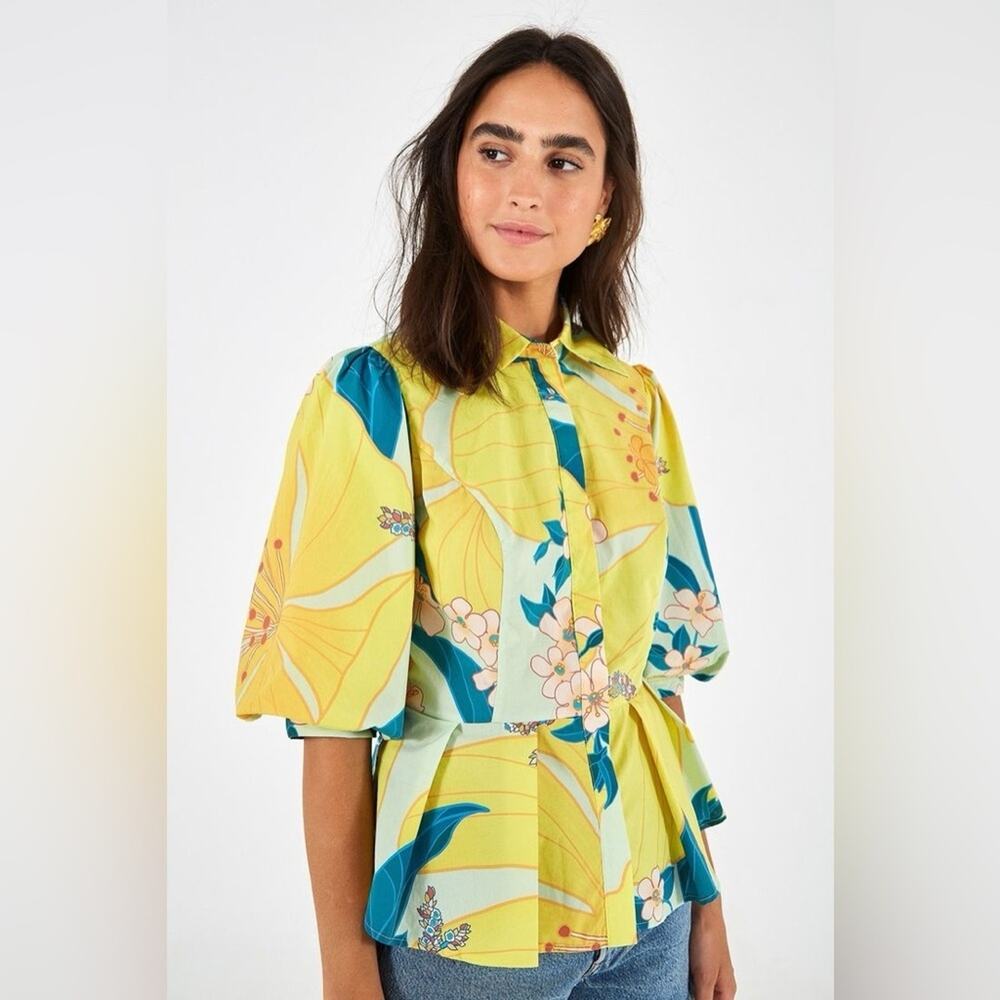 Farm Rio Pietra Peplum Puff Sleeve Button Blouse Yellow Floral S